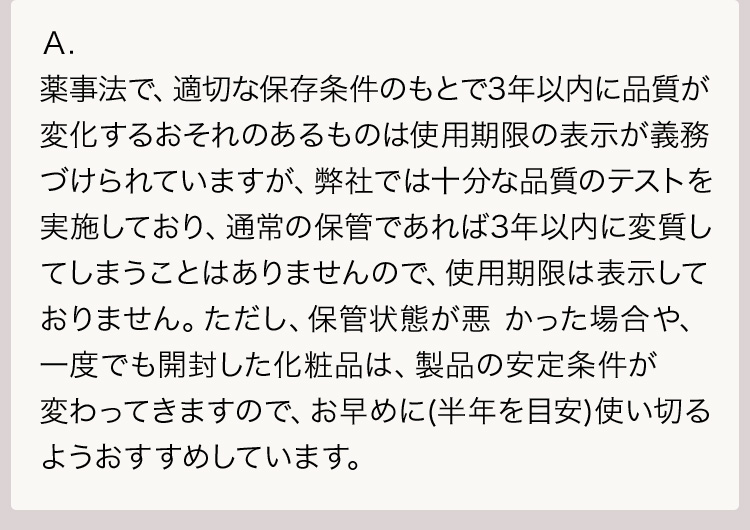 Ａ.薬事法で、適切な保存条件のもとで3年以内に品質が変化するおそれのあるものは使用期限の表示が義務づけられていますが、弊社では十分な品質のテストを実施しており、通常の保管であれば3年以内に変質してしまうことはありませんので、使用期限は表示しておりません。ただし、保管状態が悪 かった場合や、一度でも開封した化粧品は、製品の安定条件が変わってきますので、お早めに(半年を目安)使い切るようおすすめしています。