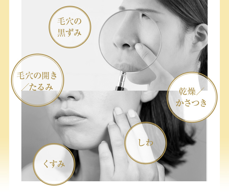 毛穴の黒ずみ 毛穴の開き／たるみ 乾燥／かさつき くすみ しわ