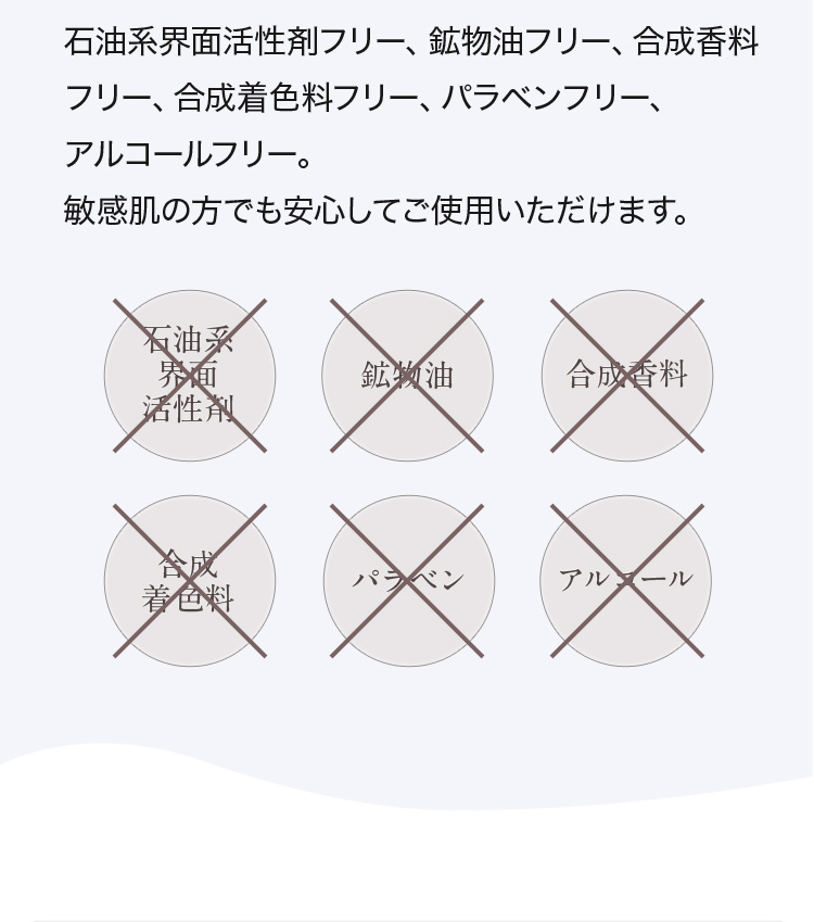 石油系界面活性剤フリー、鉱物油フリー、合成香料フリー、合成着色料フリー、パラベンフリー、アルコールフリー。敏感肌の方でも安心してご使用いただけます。