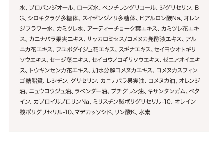 水、プロパンジオール、ローズ水、ペンチレングリコール、ジグリセリン、BG、シロキクラゲ多糖体、スイゼンジノリ多糖体、ヒアルロン酸Na、オレンジフラワー水、カミツレ水、アーティーチョーク葉エキス、カミツレ花エキス、カニナバラ果実エキス、サッカロミセス/コメヌカ発酵液エキス、アルニカ花エキス、フユボダイジュ花エキス、スギナエキス、セイヨウオトギリソウエキス、セージ葉エキス、セイヨウノコギリソウエキス、ゼニアオイエキス、トウキンセンカ花エキス、加水分解コメヌカエキス、コメヌカスフィンゴ糖脂質、レシチン、グリセリン、カニナバラ果実油、コメヌカ油、オレンジ油、ニュウコウジュ油、ラベンダー油、プチグレン油、キサンタンガム、ベタイン、カプロイルプロリンNa、ミリスチン酸ポリグリセリル-10、オレイン酸ポリグリセリル-10、マデカッソシド、リン酸K、水素